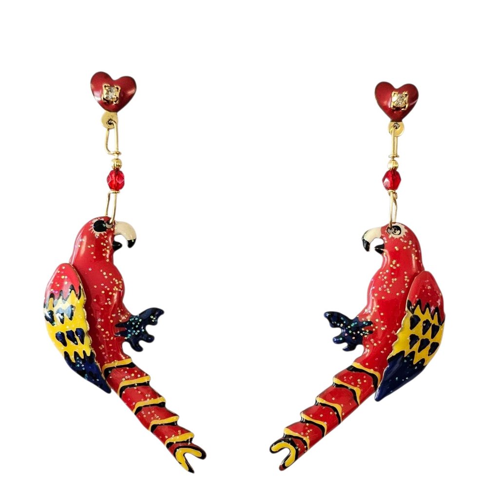 Lunch At The Ritz Parrot Bird Dangle Post Earrings Signed 138$